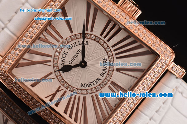 Franck Muller Master Square Swiss Quartz Rose Gold Case Diamond Bezel with White Leather Strap and White Dial - Click Image to Close
